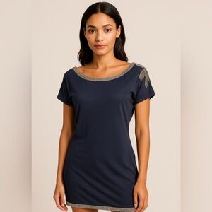 Gracia Navy Beaded Tunic Dress Size L – Embellished Shoulder & Hem Detail